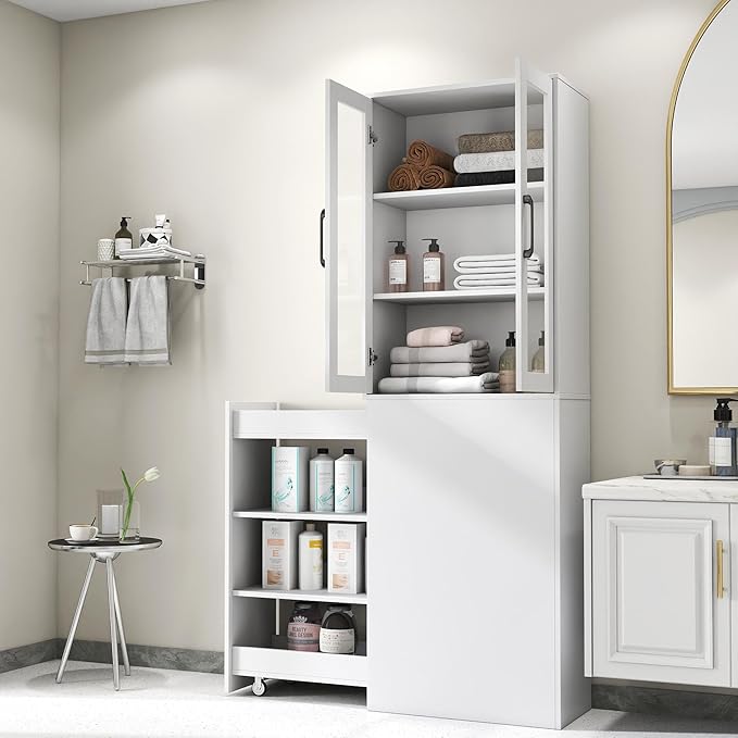 White Tall Storage Cabinet with Glass Doors and Pull-Out Rolling Cart, 71” Narrow Pantry Cabinet with Adjustable Shelves, Modern Display Bookcase for Kitchen, Bathroom, Office, Living Room