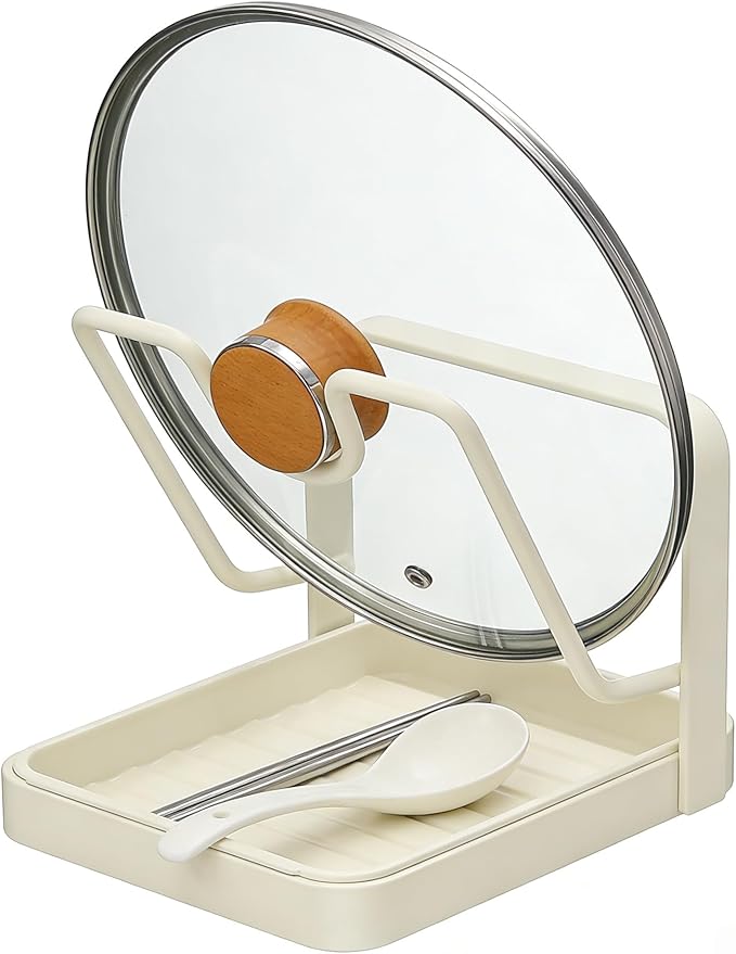 Kitchen Pot Lid Organizer Countertop - Carbon Steel Spoon Rest, Cutting Board Holder with Drip Tray, Rust-Resistant Farmhouse Storage Rack (A-White Single-layer)