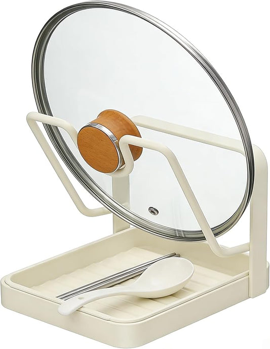 Kitchen Pot Lid Organizer Countertop - Carbon Steel Spoon Rest, Cutting Board Holder with Drip Tray, Rust-Resistant Farmhouse Storage Rack (A-White Single-layer)