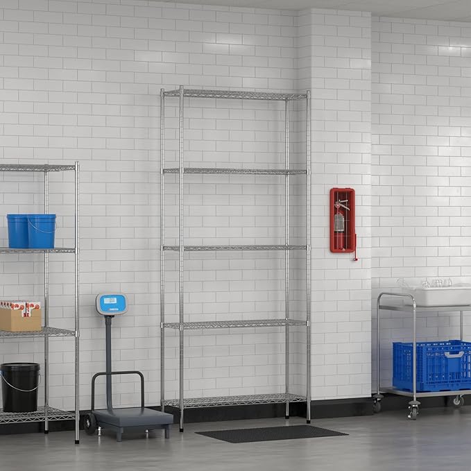 Commercial NSF Listed Chrome Stationary Wire Shelving Kit 14" x 42" x 96", with 5 Shelves Perfect for Warehouse, Walk-in Refrigerator, Freezer, Grocery Store, Restaurant, Dishroom