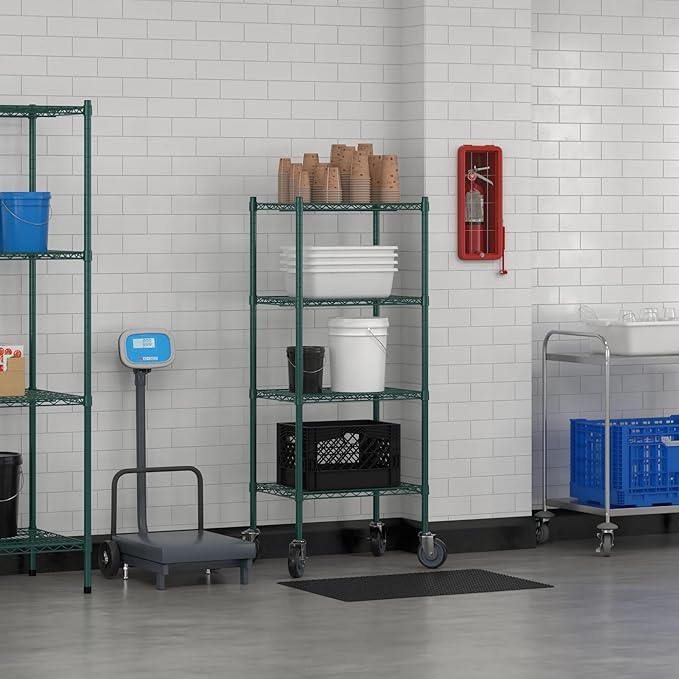 Commercial NSF Listed Green Epoxy Mobile Wire Shelving Kit 18" x 24" x 60", with 4 Shelves Perfect for Warehouse, Walk-in Refrigerator, Freezer, Grocery Store, Restaurant, Dishroom
