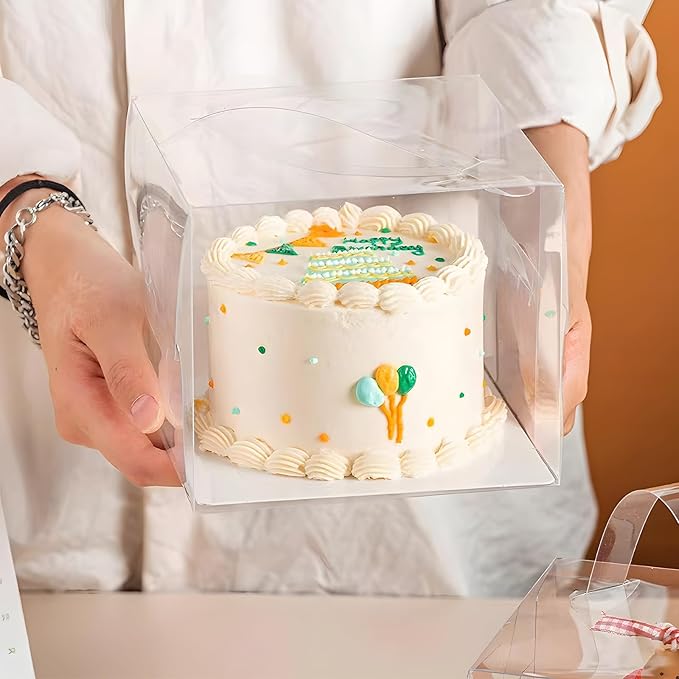 25 Pcs 6x6x5 Inch Clear Cake Boxes with Handle & Cake Boards, Easy Carrying Plastic Cake Containers, Cake Holder Carriers for Birthday Christmas Birthday Wedding, Party, Gift