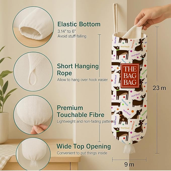 The Bag Bag Grocery Bags Holder, "Woof Woof" Dog Pattern Grocery Bags Holder Organizer for Shopping Sack, Reusable Hanging Trash Sack Dispenser, Kitchen Gift for Women Family Friends