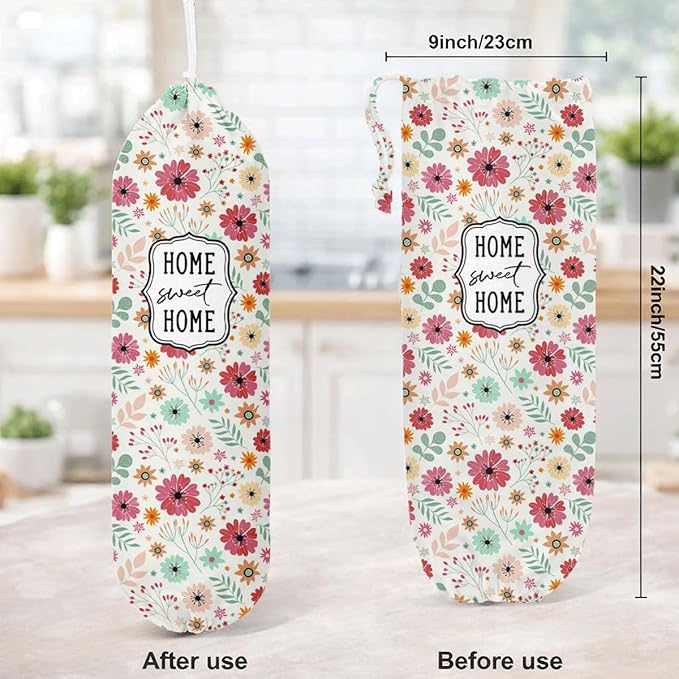 Plastic Bag Holder, Home Sweet Home Plastic Bag Holder for Kitchen Essentials, Bags Holders for Plastics Bags Groceries Store, Floral Reusable Grocery Sack Storage Dispenser to Kitchen Decor