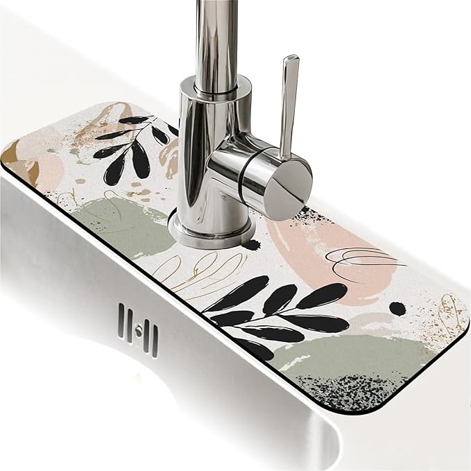 Kitchen Sink Splash Guard，Abstract shapes leaves Faucet Mat Sink Gadgets-Super Absorbent Fast Drying Mat Drip Catcher for Kitchen, Bathroom,Sink Mat, Dish Drying Mat, Bathroom(15" X 5.5" )