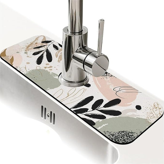 Kitchen Sink Splash Guard，Abstract shapes leaves Faucet Mat Sink Gadgets-Super Absorbent Fast Drying Mat Drip Catcher for Kitchen, Bathroom,Sink Mat, Dish Drying Mat, Bathroom(15" X 5.5" )