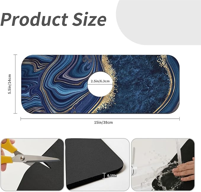 Kitchen Sink Splash Guard，Dark blue gold marble Faucet Mat Sink Gadgets-Super Absorbent Fast Drying Mat Drip Catcher for Kitchen, Bathroom,Sink Mat, Dish Drying Mat, Bathroom(15" X 5.5" )