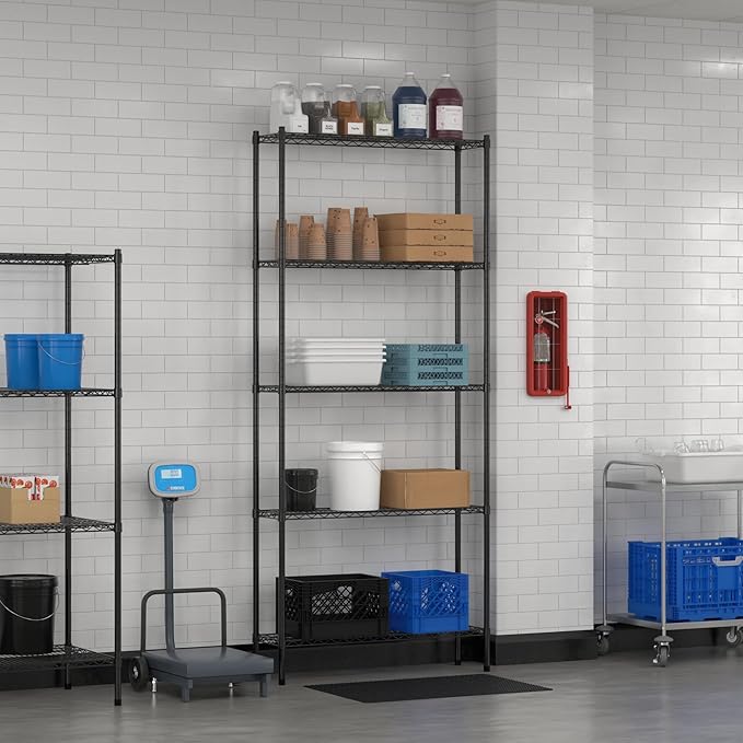 Commercial NSF Listed Black Epoxy Stationary Wire Shelving Kit 12" x 42" x 96", with 5 Shelves Perfect for Warehouse, Walk-in Refrigerator, Freezer, Grocery Store, Restaurant, Dishroom