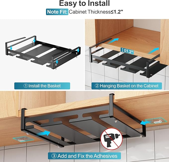iSPECLE Wine Glass Holder - 3 Rows Under Cabinet Stemware Rack Holds 9 Wine Glasses Upside Down, Quick Access & Tidy Storage for Bar Kitchen, Black