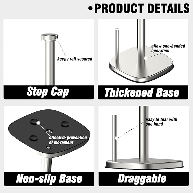 Paper Towel Holder Countertop, Standing Paper Towel Roll Holder for Kitchen Bathroom Organize, Stand with Weighted Base Suction Cups, Stainless Steel One-Handed Operation (Brushed Nickel)