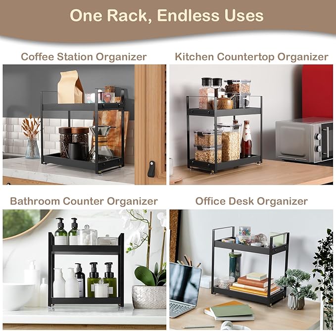 Black Coffee Station Organizer, 2 Tier Wooden Shelf for Coffee Bar Accessories, Countertop Organizer Shelf for Bathroom, Vanity, Kitchen, Perfume, Makeup