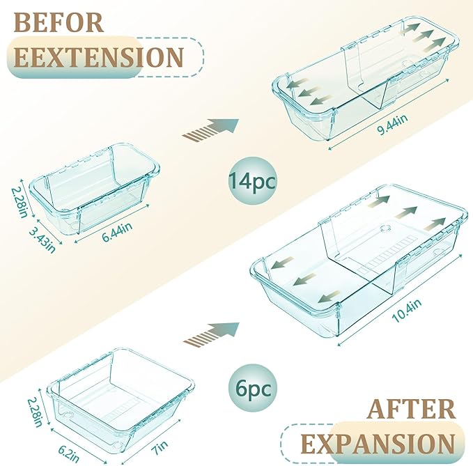 20 Pcs Adjustable Clear Drawer Organizer, All Extendable Vanity Storage Bins, Desk Drawer Organizer Set for Makeup, Cosmetics, Bedroom, and Gadgets, Blue