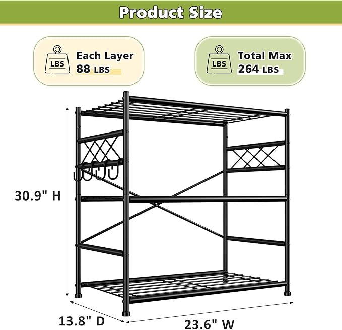 3Tier Storage Shelves Metal Shelving Unit Organizer,Adjustable Wire Shelving Rack Pantry Kitchen with Hooks,264 LBS Shelves for Laundry,Office and Bathroom Closet 23.6" W x 13.8" D x 30.9" H