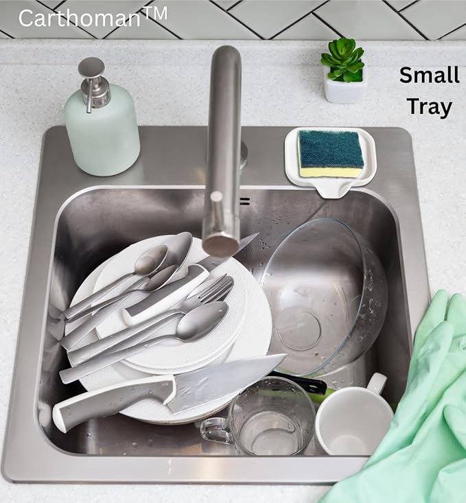 Silicone Soap Tray, Soap Dishes with Drain Spout, Bathroom and Kitchen Sink Organizer, Sponge Holder, Perfect for Dispenser, Scrubber, Bottle, Cup on Sink or Counter - Large and Small Set (White)