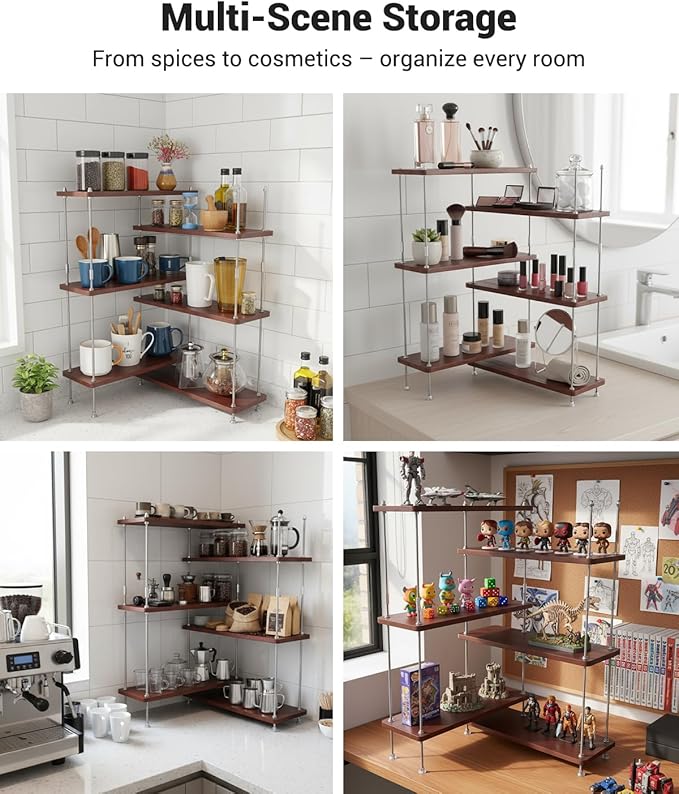 VINIUSIKI Adjustable 6 Tier L-Shaped Countertop Shelf Organizer, Kitchen Spice Rack for Countertop, Wood Coffee Counter Shelf Organizer for Home - 15.7"x15.7"x24.01" (LxWxH), Auburn