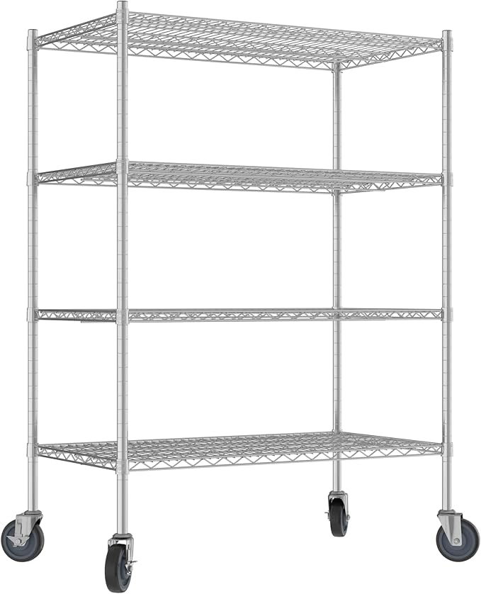 Commercial NSF Listed Chrome Mobile Wire Shelving Kit 24" x 42" x 60", with 4 Shelves Perfect for Warehouse, Walk-in Refrigerator, Freezer, Grocery Store, Restaurant, Dishroom