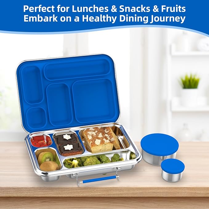 Stainless Steel Bento Box for Adults, 5-Compartments Leak-Resistant Stainless Steel Lunch Container with 2 Container, Dishwasher-Safe,Design for Office Picnics and Travel,BPA-Free Blue