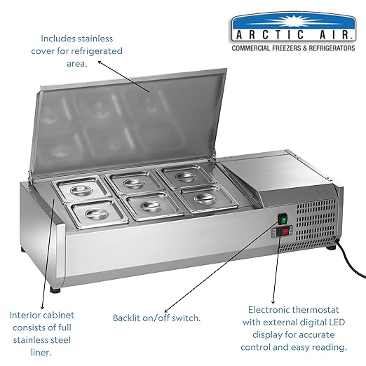Arctic Air ACP40 40" Countertop Refrigerated Sandwich/Salad Condiment Prep Table Station, 6 Pans, Stainless Steel, 115v