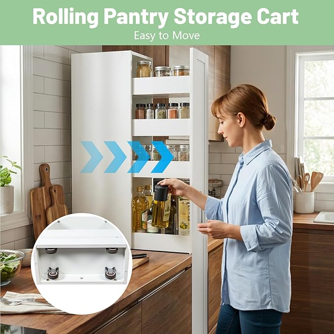 7 Tier Slim Rolling Pantry Storage Cart Wood Spice Rack on Wheels Next to Fridge Mobile Shelving Unit Space-Saving Narrow Pull-Out Utility Cart for Kitchen Bathroom Laundry Narrow Places, White