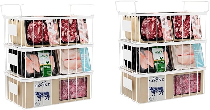 lonpute Freezer Organizer Bins With Tag, Stackable Freezer Baskets for Chest Freezer Sort Frozen Foods, Deep Freezer Organizer Bins with Handle Add Space Easy Reach, White Set of 6