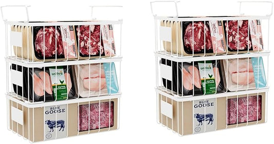 lonpute Freezer Organizer Bins With Tag, Stackable Freezer Baskets for Chest Freezer Sort Frozen Foods, Deep Freezer Organizer Bins with Handle Add Space Easy Reach, White Set of 6