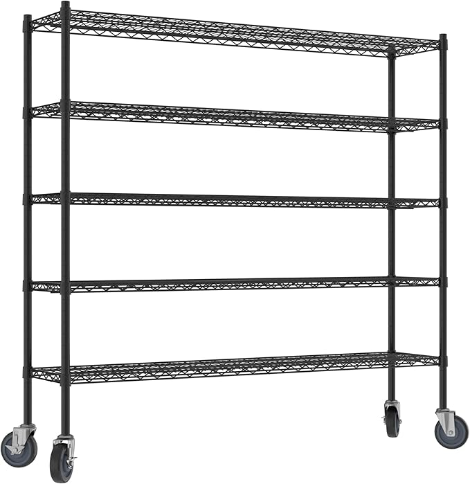Commercial NSF Listed Black Epoxy Mobile Wire Shelving Kit 14" x 60" x 60", with 5 Shelves Perfect for Warehouse, Walk-in Refrigerator, Freezer, Grocery Store, Restaurant, Dishroom