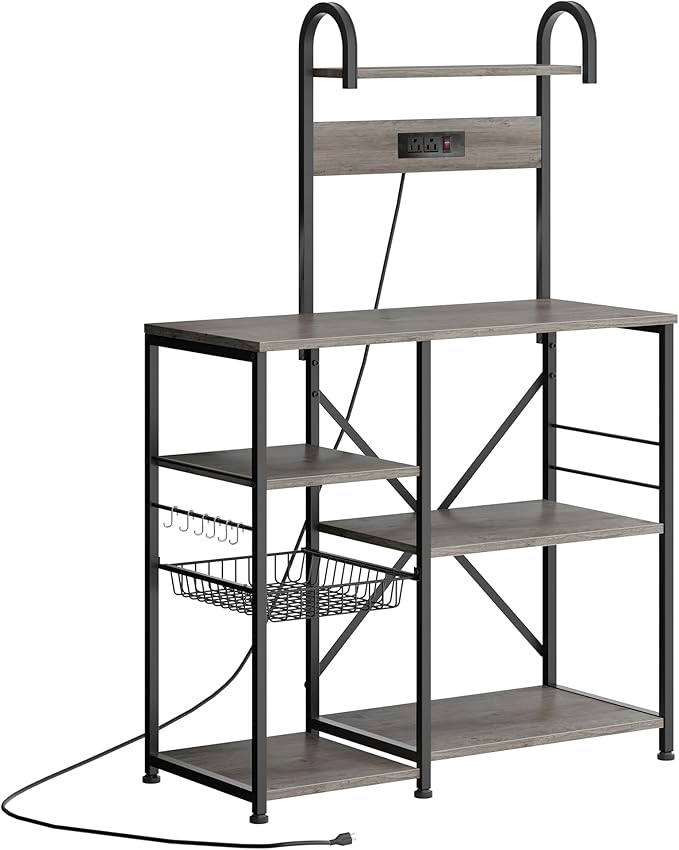 JAMFLY Bakers Rack with Power Outlet, Microwave Stand, kitchen Storage Shelf with 6 Hooks, Coffee Bar Station with Wire Basket, 6 Tier Kitchen Rack for Living Room, Spice, Pots and Pans Organizer