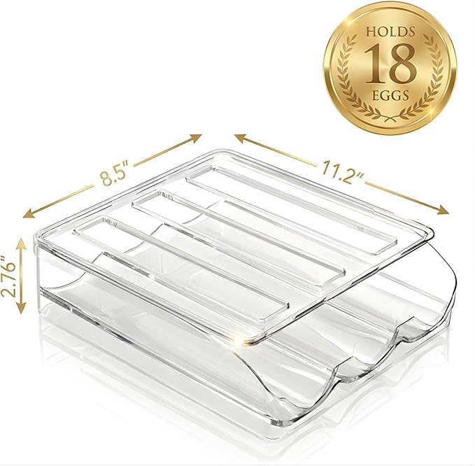 Egg Holder for Fridge, Automatic Rolling Egg Organizer for Refrigerator, Clear Plastic Storage for Refrigerator with Lid, Large Capacity Dispenser, Stackable Container (1 Layer 18 Holder Eggs)