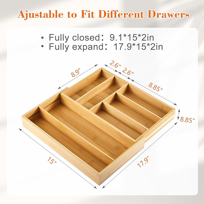 1 Pcs Bamboo Drawer Organizer 9'' up to 18'' x 15'' x 2'' Expandable Drawer Organizer Pens Notebook Ruler Makeup Tray with 7 Adjustable Compartments for Desk Office Kitchen Bathroom(Wood)