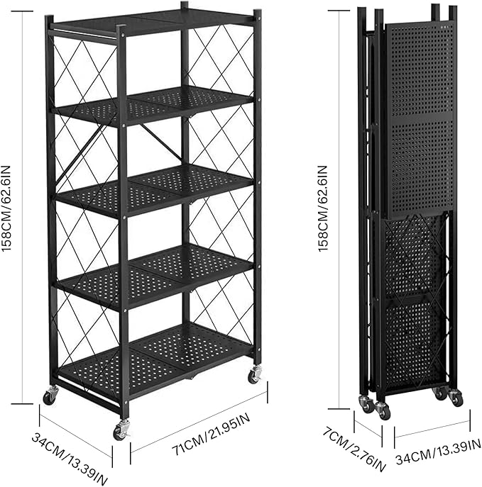 Foldable Storage Shelves with Wheels, Folding Shelving Units Storage, Heavy Duty Metal Collapsible Shelf No Assembly, Large Capacity Pop-Up Organizer for Garage,Kitchen,Living Room, 5-Tier Black