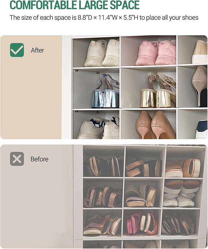 Shoe Storage Cabinet, 36 Pairs Free Standing Closet Organizer, 9 inch Widened Cell Wood Shoe Organizer, 12 Tiers Vertical Space Saving Shoe Rack for Entryway, Cloakroom, White SR20703X