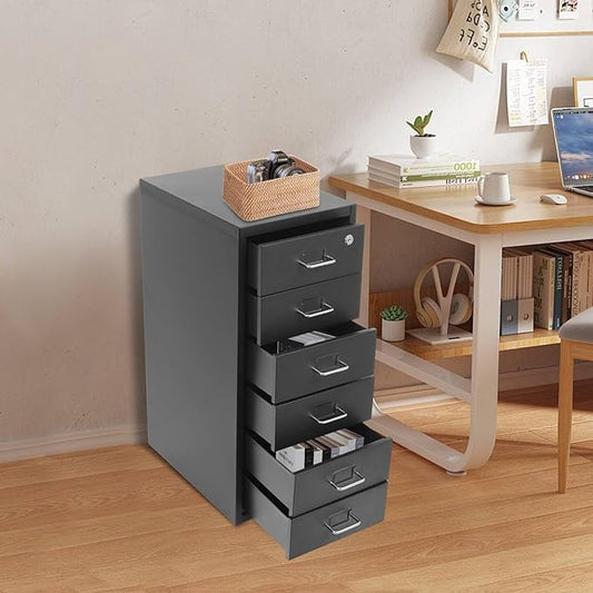 6-Drawer File Cabinet with Lock & Wheels, Vertical Metal Filing Cabinet for Home Office - Black Storage Organizer for A4/Letter Documents, Assembly Required