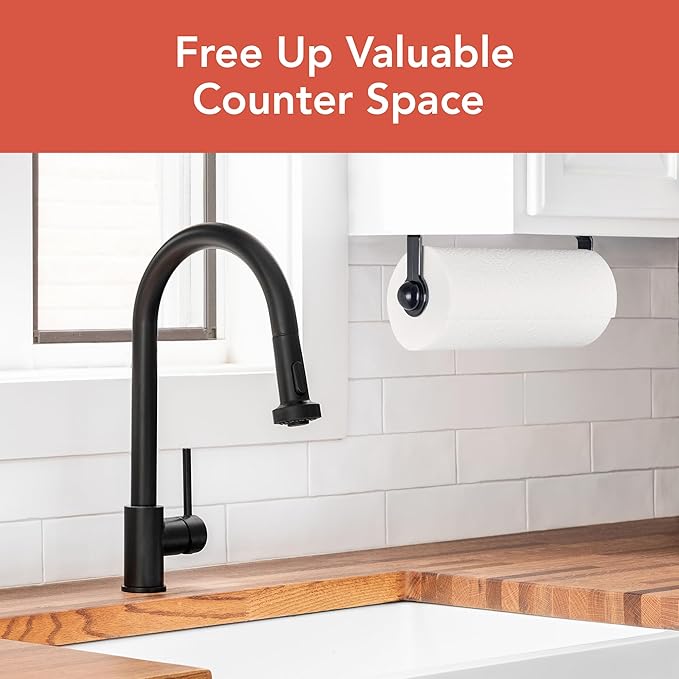 Spectrum Paper Towel Holder for Under Cabinet Easy Install Wall Mounted Plastic Hanging Paper Roll Rack for Kitchen Bathroom Storage, Durable Mount Towel Dispenser for Standard & Jumbo Rolls, Black