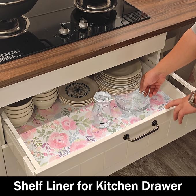 Amiitay Peach Peony Shelf and Drawer Liner for Kitchen,Non-Adhesive and Strong Non-Slip Floral Cabinet Drawer Liners for Kitchen Shelf, Waterproof Cupboard Liners,Easy to Clean,12IN x 10FT