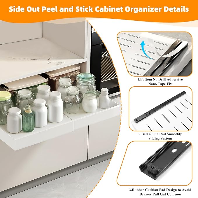 Pull Out Cabinet Organizer, Expandable Slide out Drawers With Adhesive Nano Film, Pantry Shelves Sliding Drawer Adjustable 12.8’’-20.8’’ for Kitchen Cabinets, Pantry, Bathroom Storage 1PC