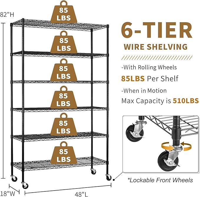 6-Tier Storage Shelves 48" x 18" x 82" Heavy Duty Metal Shelving Unit 2100Lb Capacity Adjustable Storage Racks with Wheels NSF Garage Wire Shelf for Basement Commercial, Black