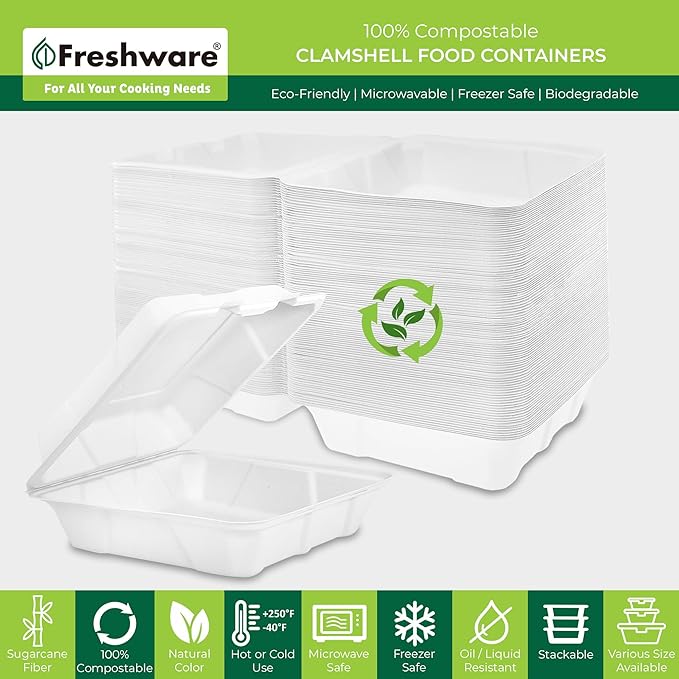Freshware Clamshell Food Containers with Lids [8x8" 100-Pack] Disposable To Go Containers, Biodegradable Sugarcane To Go Boxes - Paper Container - Microwave & Freezer Safe, Stackable