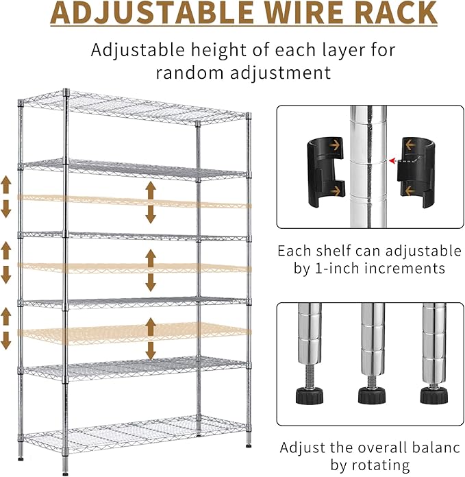 6-Tier Storage Shelves 48" x 18" x 82" Heavy Duty Metal Shelving Unit 2100Lb Capacity Adjustable Storage Racks with Wheels NSF Garage Wire Shelf for Basement Commercial, Chrome
