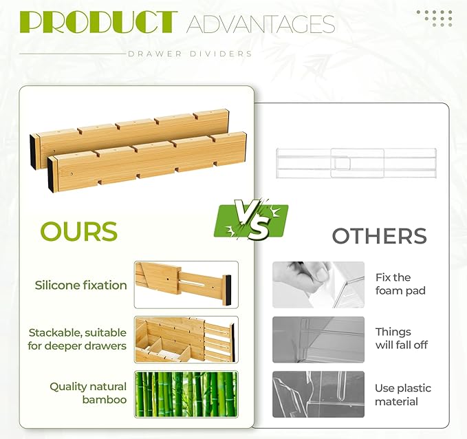 6PCS Bamboo Drawer Dividers with Inserts, Expandable Kitchen Utensil Drawer Organizers,Adjustable drawer organizer for deep drawers Dresser Closet Underwear Storage Bedroom Bathroom Drawers(16.6"-22")
