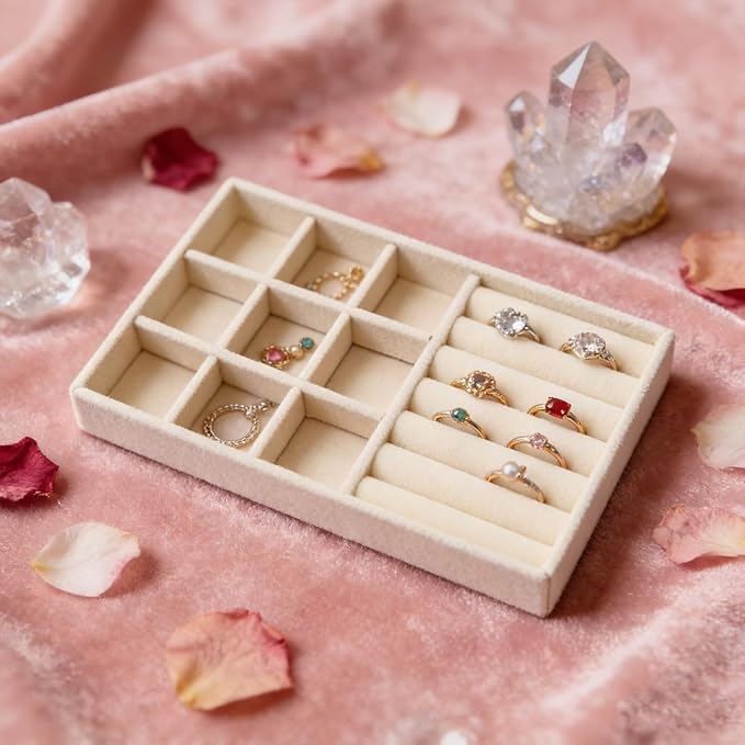 Velvet Jewelry Organizer Trays Beige Stackable Jewelry Storage Display Tray with Removable Dividers, 9 Grids and Rolls