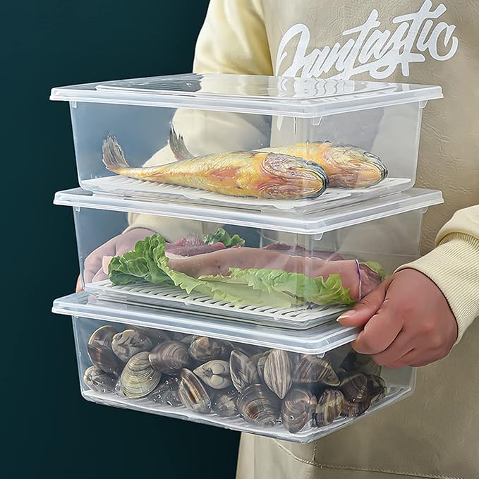 Yiautao Food Storage Container, Plastic Food Containers with Removable Drain Plate and Lid, Stackable Portable Freezer Storage Containers - Tray to Keep Fruits, Vegetables, Meat (X-Large(4PCS))