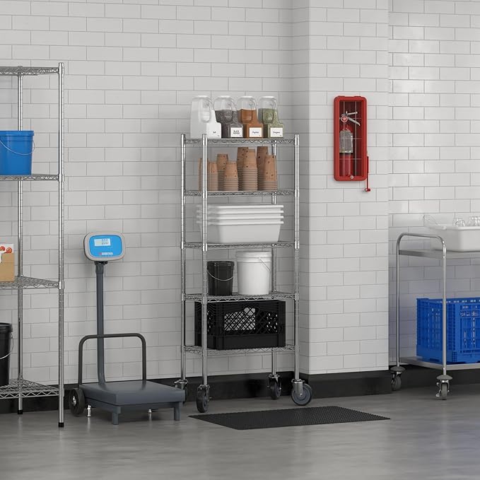 Commercial NSF Listed Chrome Mobile Wire Shelving Kit 12" x 24" x 60", with 5 Shelves Perfect for Warehouse, Walk-in Refrigerator, Freezer, Grocery Store, Restaurant, Dishroom