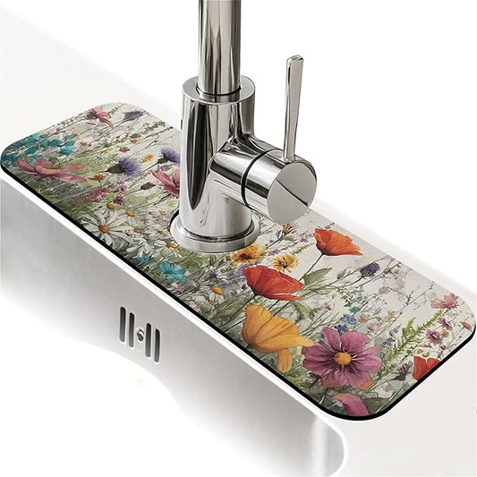Kitchen Sink Splash Guard，wildflowers-in the meadow Faucet Mat Sink Gadgets-Super Absorbent Fast Drying Mat Drip Catcher for Kitchen, Bathroom,Sink Mat, Dish Drying Mat, Bathroom(15" X 5.5" )