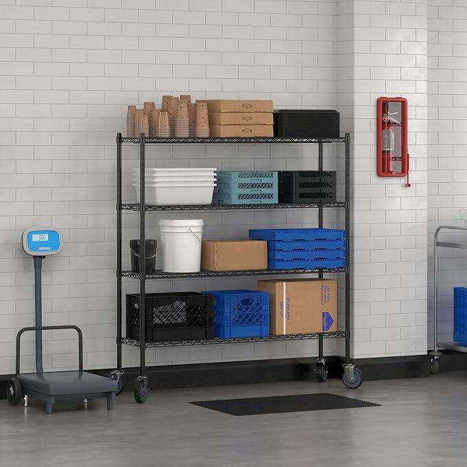 Commercial NSF Listed Black Epoxy Mobile Wire Shelving Kit 14" x 54" x 60", with 4 Shelves Perfect for Warehouse, Walk-in Refrigerator, Freezer, Grocery Store, Restaurant, Dishroom