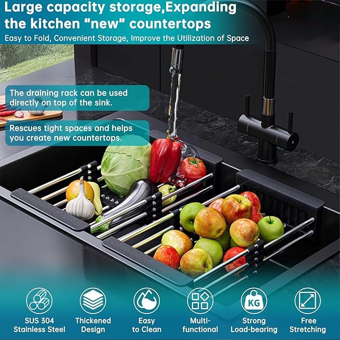 Expandable Dish Drying Rack Over The Sink, Stainless Steel Drainer Basket with Adjustable Arms for Dishes, Vegetable and Fruit (Black)