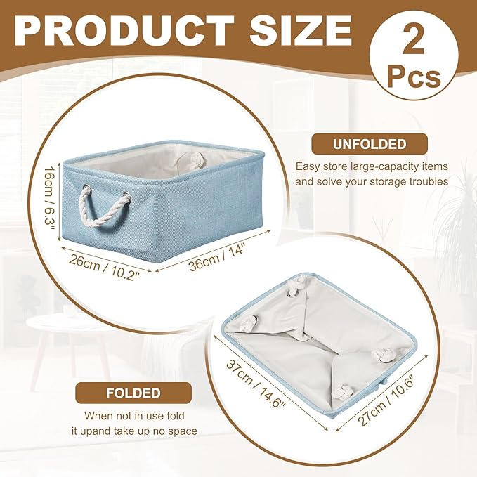 uxcell 2Pcs Fabric Storage Bins, 14 x 10.2 x 6.3 Inch Foldable Storage Cubes with Rope Handles Collapsible Bins Baskets for Home Office Shelves Closet Clothes Books Organizing, Light Blue