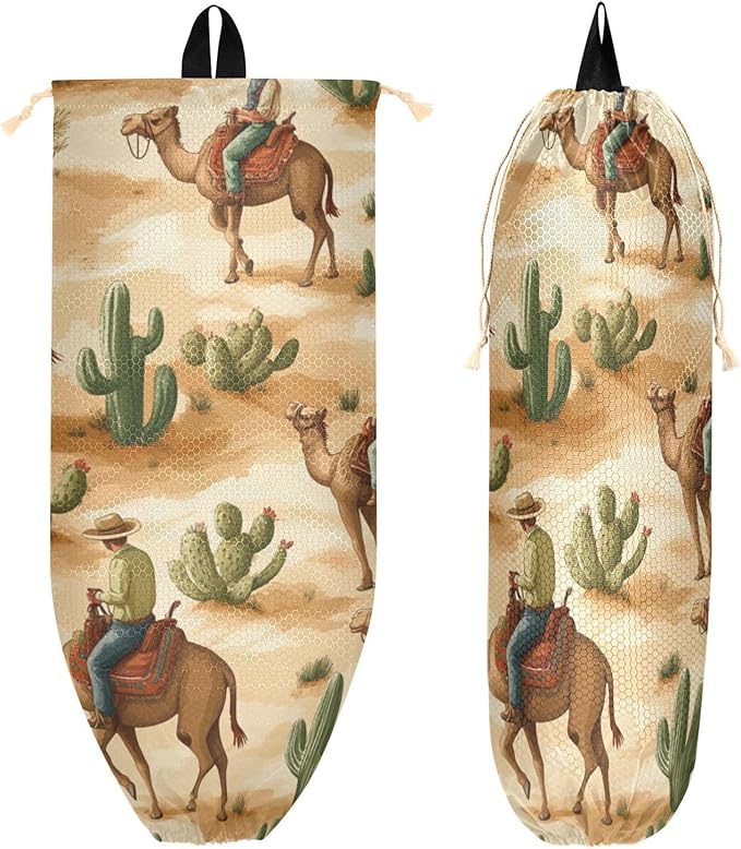 Plastic Bag Holder Wall Mount Grocery Bag Shopping Bag Storage Holder Organizer Dispenser with Adhesive Hook,for Kitchen Bathroom Home Decor 9x22 Inches Western Cowboys Camels Cacti39