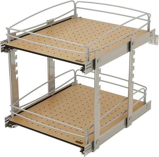 Rev-A-Shelf 2 Tier Pull Out Kitchen Cabinet Storage Organizer with Solid Bottom & Undermount Soft-Close Full Extension Slides, 54BK-18SC-2-1