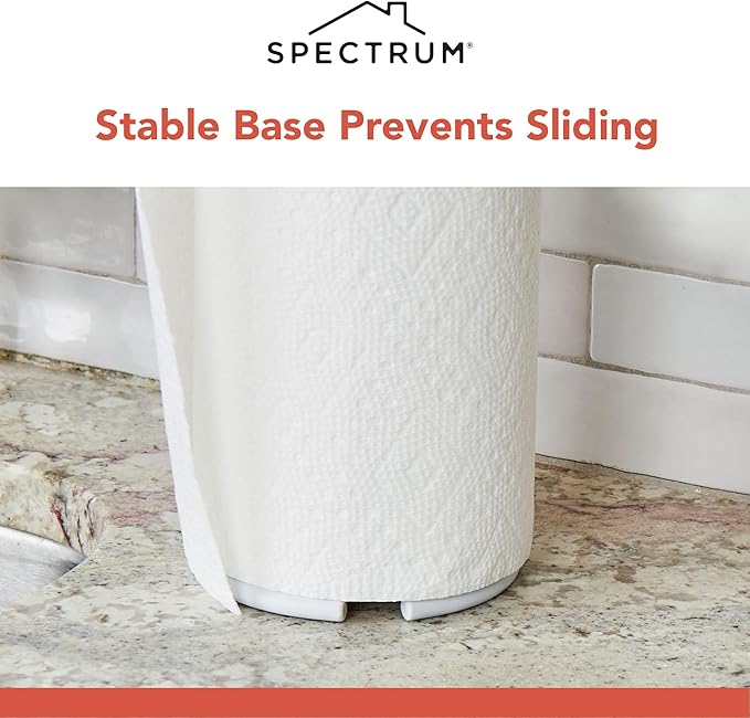 Spectrum Euro Modern Paper Towel Holder Countertop Kitchen Organizer Vertical Standing Roll Dispenser, Weighted Paper Towel Base Durable Steel Construction Fits Standard Jumbo Rolls, Matte White