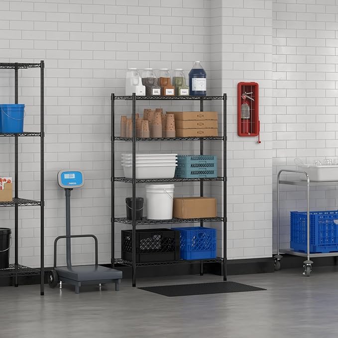 Commercial NSF Listed Black Epoxy Stationary Wire Shelving Kit 18" x 36" x 64", with 5 Shelves Perfect for Warehouse, Walk-in Refrigerator, Freezer, Grocery Store, Restaurant, Dishroom